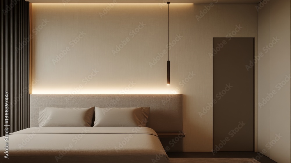 A bed in a modern beige bedroom. Bed headboard with subtle oriental design elements. A bed in a modern beige bedroom. Bed headboard with subtle oriental design elements.