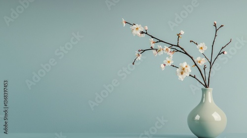 A solitary cherry blossom branch placed in an elegant, empty vase