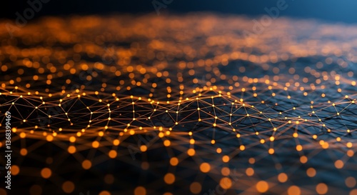 Abstract network with glowing orange nodes and connecting lines on a dark textured surface