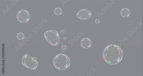 Set of multicoloured soap bubbles. On transparent background.Vector illustration.EPS . Flying air soap bubbles. Vector illustration.PNG