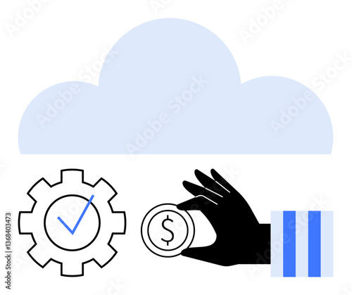 Cloud above a gear with a checkmark and hand holding coin represents cloud computing, cost efficiency, digital transformation. Ideal for finance, IT, business, innovation, savings, entrepreneurship