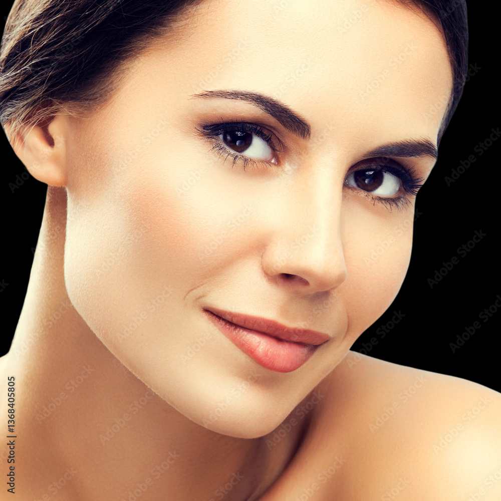 Fototapeta premium Portrait of beautiful young woman, isolated black background. Brunette hair model - beauty, glamour, fashion, makeup, cosmetics, health skin care scincare studio shot. Square image