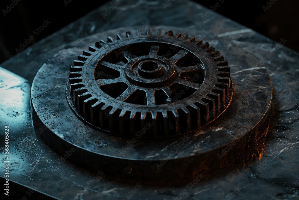 A close-up of a weathered, dark metal gear resting on a circular platform with a marbled surface, illuminated by a soft glow. A close-up of a weathered, dark metal gear resting on a circular platform with a marbled surface, illuminated by a soft glow.