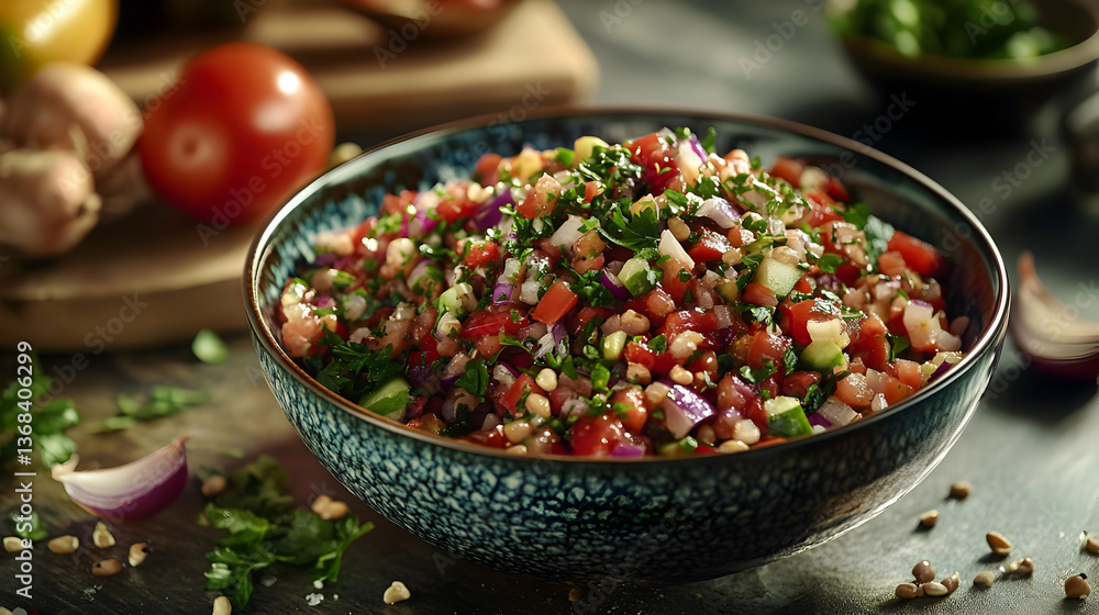 Close Up Of Fresh Salad With Tomatoes, Onions, And Herbs In Blue Bowl - Food Photography Close Up Of Fresh Salad With Tomatoes, Onions, And Herbs In Blue Bowl - Food Photography