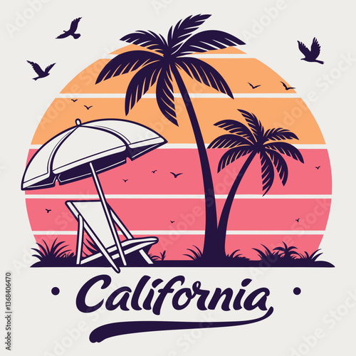 California Sunset: Palm Trees, Beach Chair, and Umbrella Illustration
