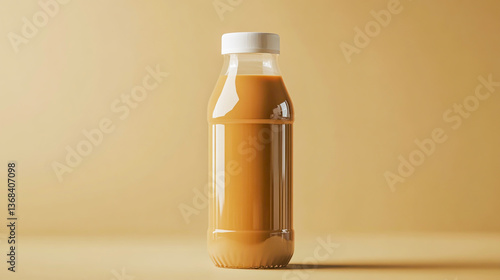 A clear plastic bottle filled with coffee drink, plain without any label or branding