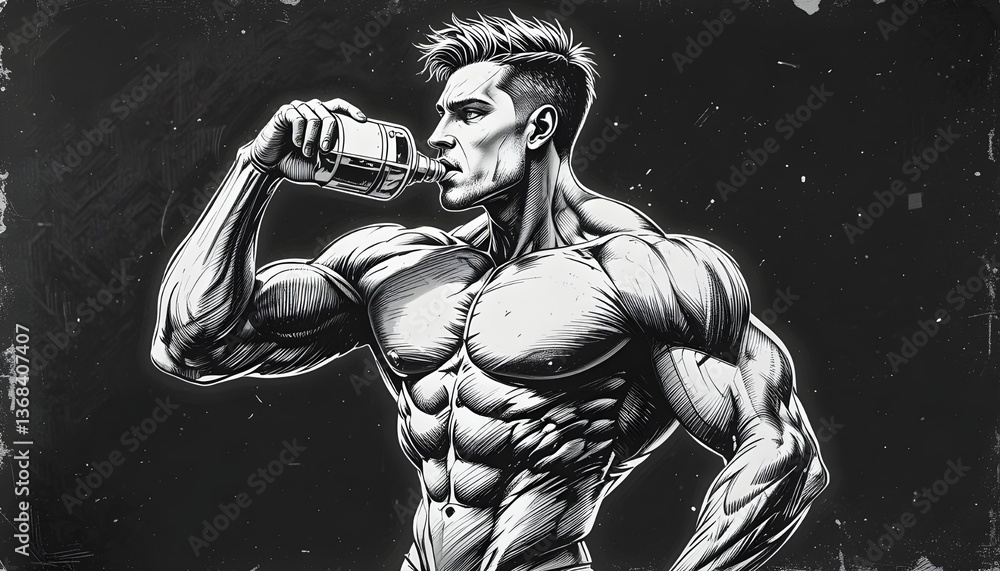 strong muscular man drinking protein shake, symbolizing fitness, nutrition, and bodybuilding dedication sketch illustration. Black and white image. strong muscular man drinking protein shake, symbolizing fitness, nutrition, and bodybuilding dedication sketch illustration. Black and white image.