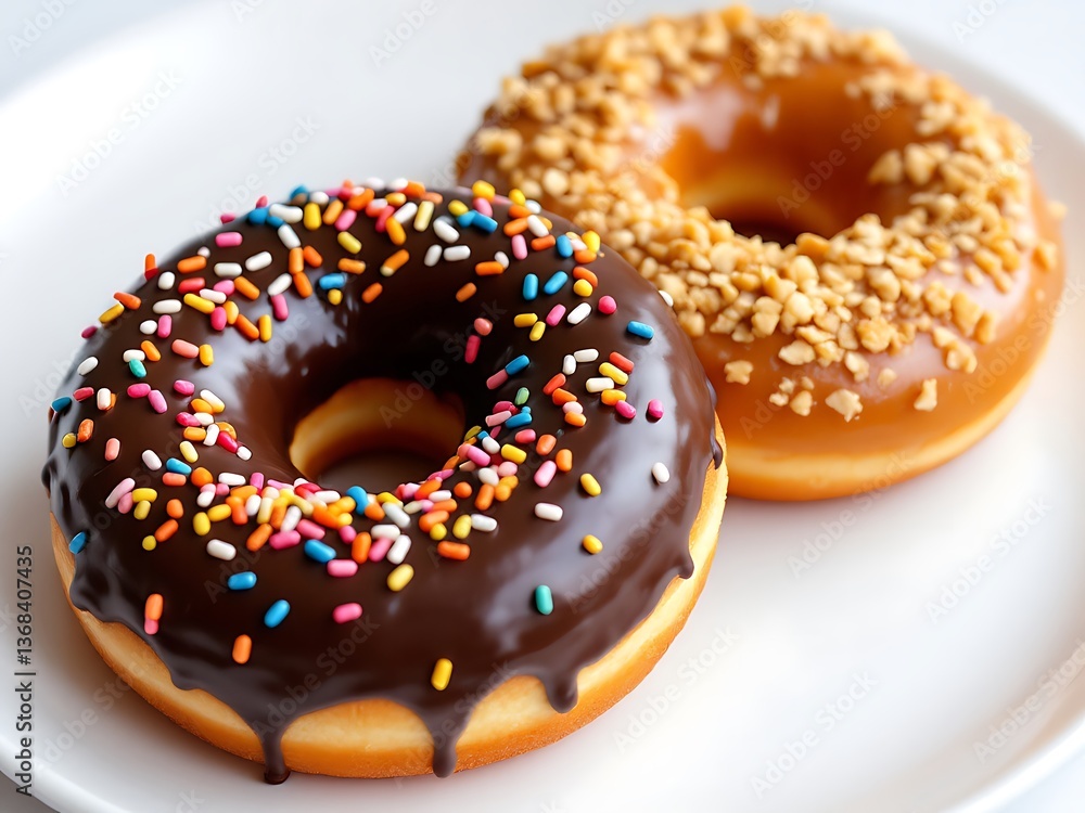 A delectable duo of donuts, one a rich chocolate delight adorned with rainbow sprinkles, the other a nutty caramel dream, both gleaming under soft studio lighting. A delectable duo of donuts, one a rich chocolate delight adorned with rainbow sprinkles, the other a nutty caramel dream, both gleaming under soft studio lighting.