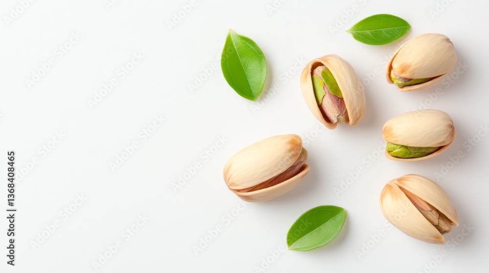 Fresh pistachios with green leaves on a white background Fresh pistachios with green leaves on a white background