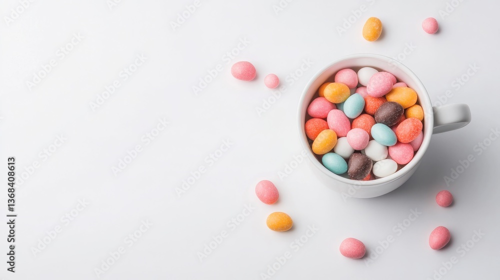 Obraz premium Colorful candy eggs in a white cup on a light background