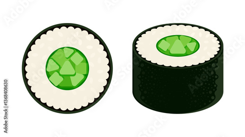 Kappa maki (kappamaki) sushi with cucumber. Japanese food, cucumber, and asian traditional cuisine concept. Flat vector illustration iIsolated on white background	
