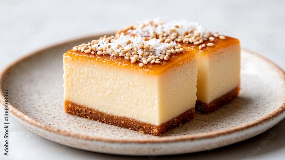 Creamy dessert squares topped with sesame and coconut Creamy dessert squares topped with sesame and coconut