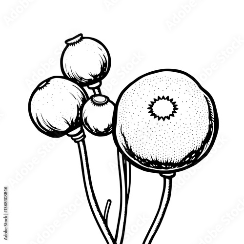 Detailed Ink Drawing Of Poppy Seed Pods And Flower