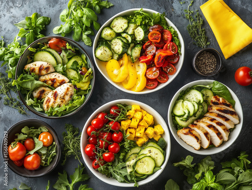 Wallpaper Mural Vibrant Healthy Meal Bowls with Colorful Vegetables, Grilled Chicken, Fresh Salads, Avocado, and More - High-Resolution Food Photography, Bright Natural Lighting, Mediterranean Diet, Balanced Nutritio Torontodigital.ca