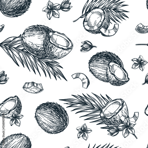 Coconut seamless pattern. Hand drawn sketch vector illustration of broken coco nuts, palm leaves. Textile print design