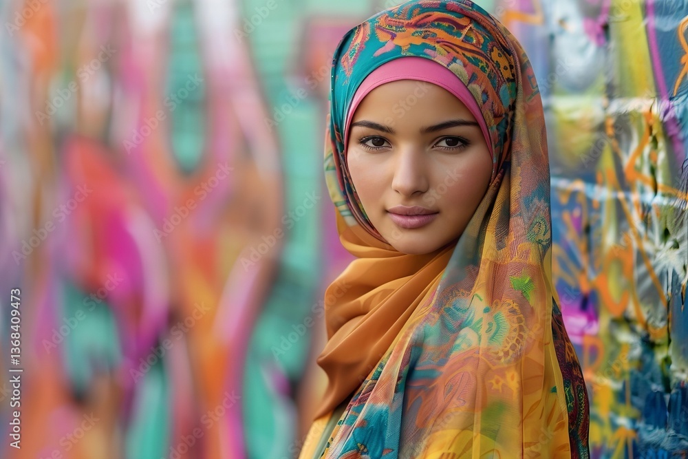 Fototapeta premium Empowered Muslim Woman Embracing Diversity in Front of Graffiti Wall