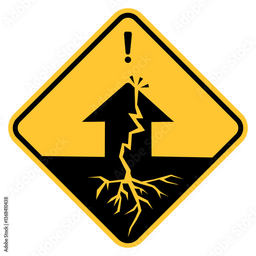 A bold yellow diamond warning sign showing ground cracks, uplift, and a house destroyed by an earthquake, symbolizing seismic hazards, unstable terrain, and geological risks in safety signage.