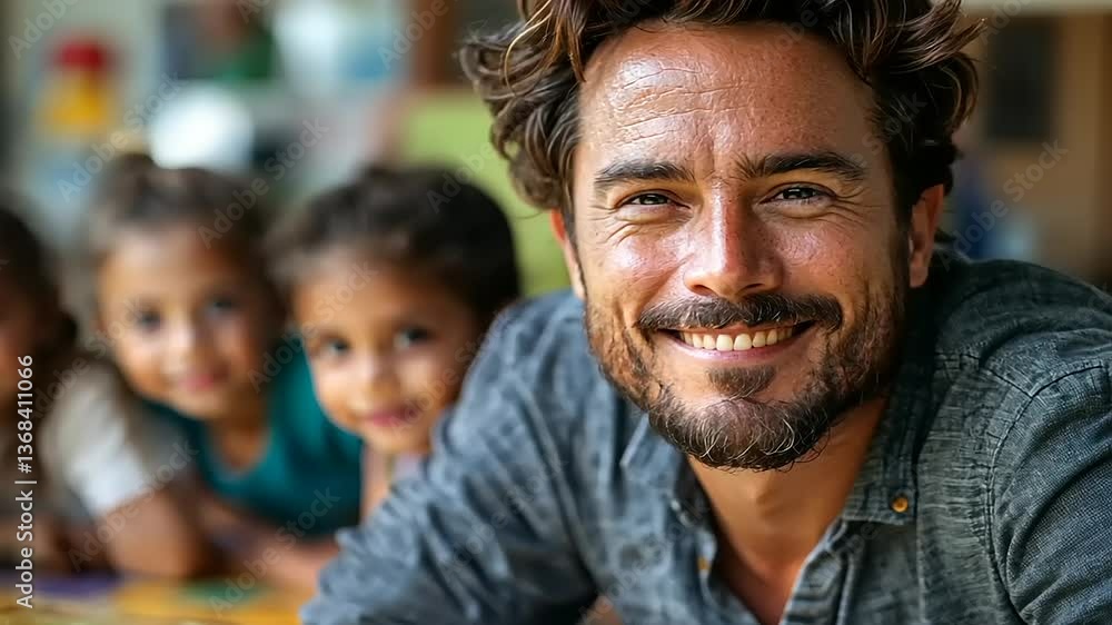 Smiling man with children at a colorful table in a vibrant, playful indoor setting Smiling man with children at a colorful table in a vibrant, playful indoor setting