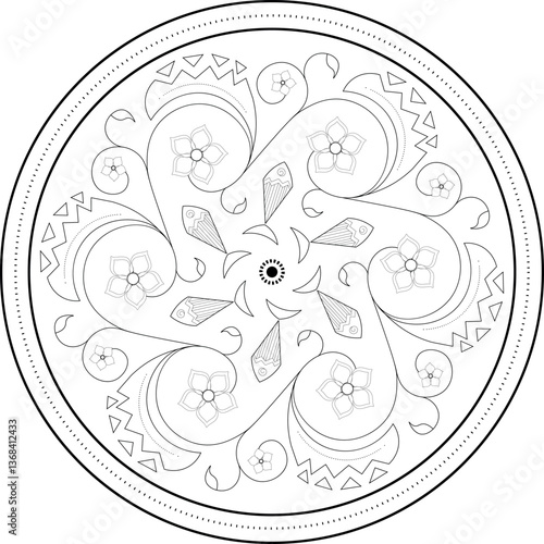 Round design of the picture. Ornament with elements of Gothic and geometric style. Black and white ornament with fish and plants of the water world. Pattern on a white background