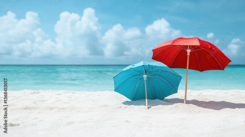 A serene beach setting featuring vibrant red and blue umbrellas, contrasting against the pristine white sand and clear turquoise water, evoking feelings of relaxation and tranquility. A serene beach setting featuring vibrant red and blue umbrellas, contrasting against the pristine white sand and clear turquoise water, evoking feelings of relaxation and tranquility.