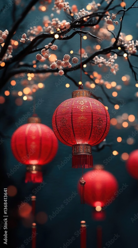 Fototapeta premium Vibrant red lanterns hanging from a tree branch, illuminated by soft bokeh lights in the background