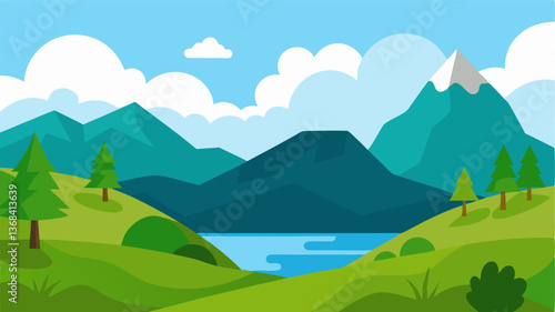 beautiful landscape vector illustration of mountains, forests, fields and meadows. Stunning panoramic farm landscape with mountains in the background. Natural landscape