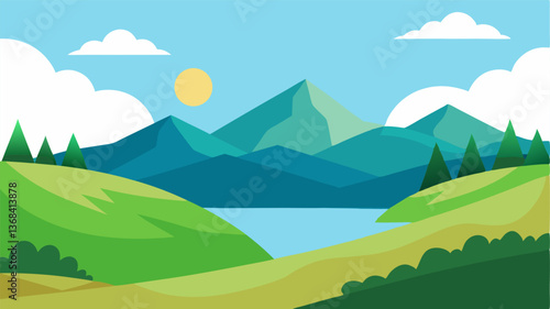 beautiful landscape vector illustration of mountains, forests, fields and meadows. Stunning panoramic farm landscape with mountains in the background. Natural landscape