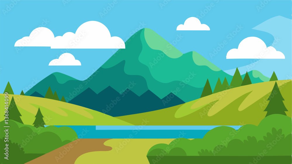 beautiful landscape vector illustration of mountains, forests, fields and meadows. Stunning panoramic farm landscape with mountains in the background. Natural landscape beautiful landscape vector illustration of mountains, forests, fields and meadows. Stunning panoramic farm landscape with mountains in the background. Natural landscape