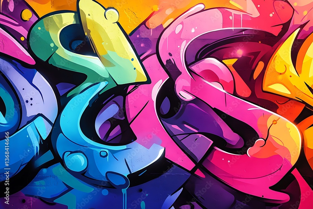 Naklejka premium Graffiti letters with a rainbow gradient fill, seamlessly transitioning through vibrant colors, creating a cheerful and eye-catching design