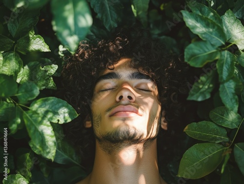 Man peacefully sleeping in forest, surrounded by green leaves and sunlight. Green nature environment, tranquil rest in wilderness.
