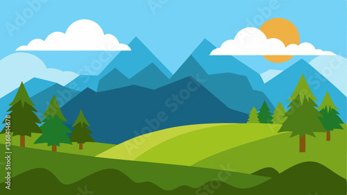 Beautiful landscape vector illustration of mountains, forests, fields and meadows. Stunning panoramic farm landscape with mountains in the background. Natural landscape