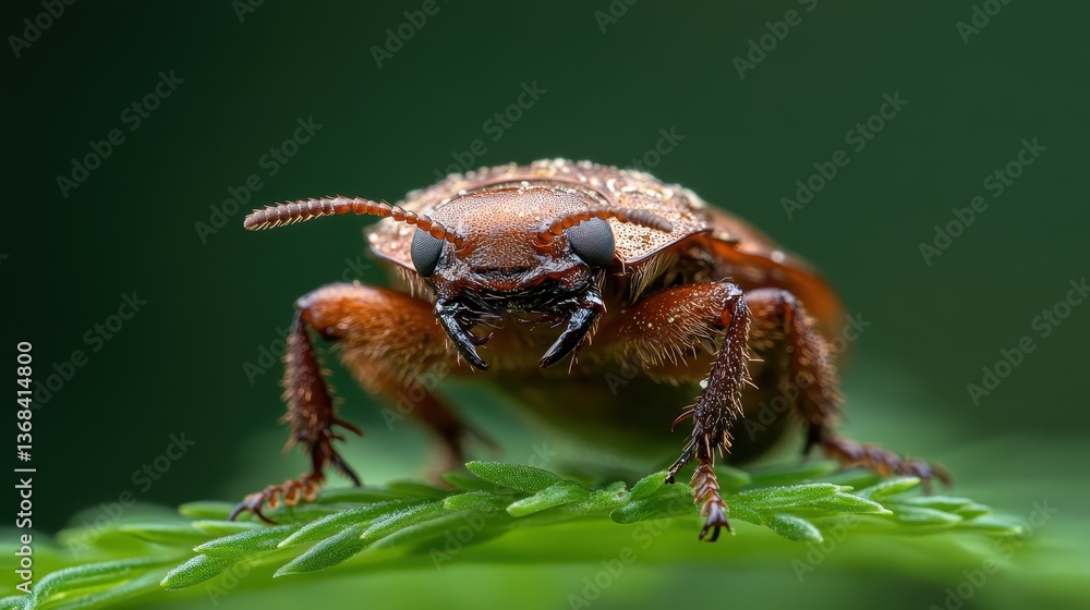 This detailed macro image captures a brown beetle on a vibrant green leaf, showcasing its intricate features and natural habitat in a captivating way. This detailed macro image captures a brown beetle on a vibrant green leaf, showcasing its intricate features and natural habitat in a captivating way.