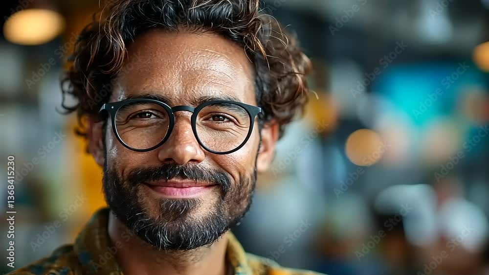 Smiling man with glasses in a vibrant cafe setting, surrounded by colorful decor and soft lighting Smiling man with glasses in a vibrant cafe setting, surrounded by colorful decor and soft lighting