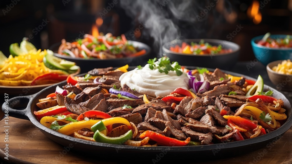 Sizzling fajitas served on a black skillet Sizzling fajitas served on a black skillet