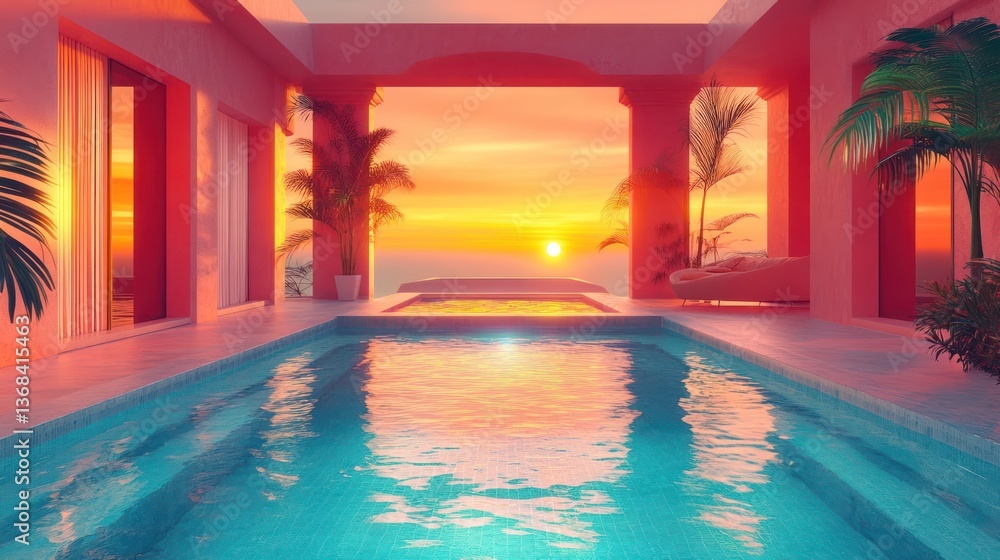 Fototapeta premium Pink villa sunset pool ocean view relaxation