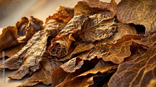 Dried tobacco leaves curled and textured in close-up with warm studio lighting