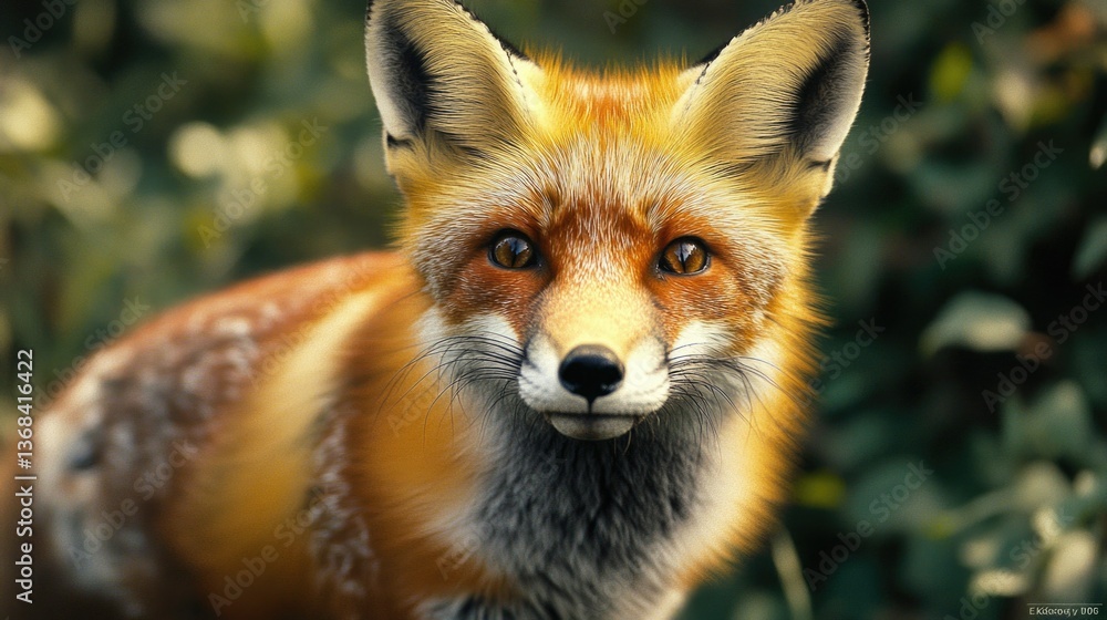 Fototapeta premium Majestic red fox with sharp gaze, resting on grassy area with trees and foliage behind.