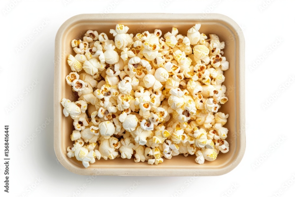 Eco-Friendly Rectangular Container Filled with Popcorn on White Background Eco-Friendly Rectangular Container Filled with Popcorn on White Background