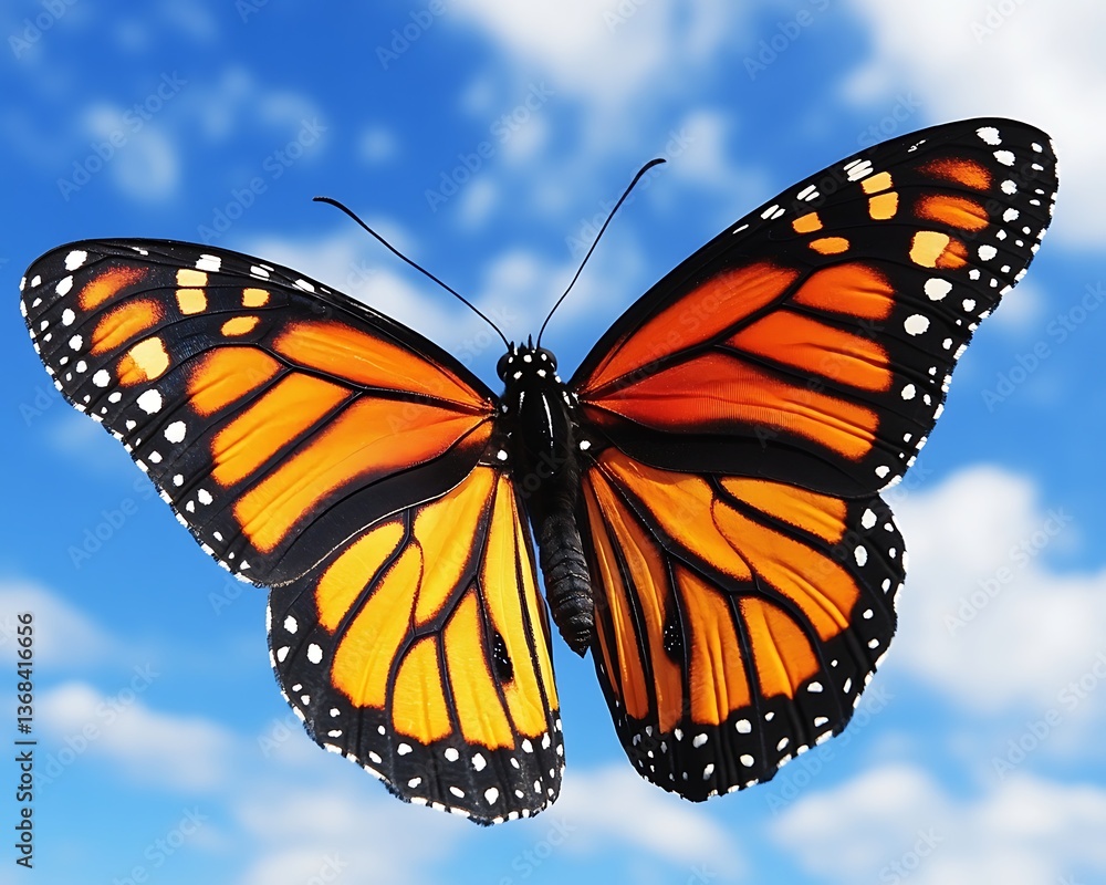 Fototapeta premium Monarch Butterfly in Flight with Blue Sky.