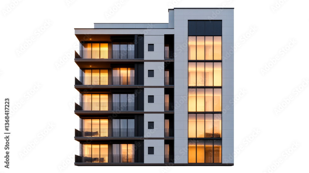 Modern architecture residential building facade at sunset, cut out transparent Modern architecture residential building facade at sunset, cut out transparent