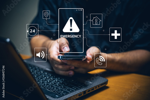 Emergency notification system digital communication mobile technology home office close-up safety awareness and response