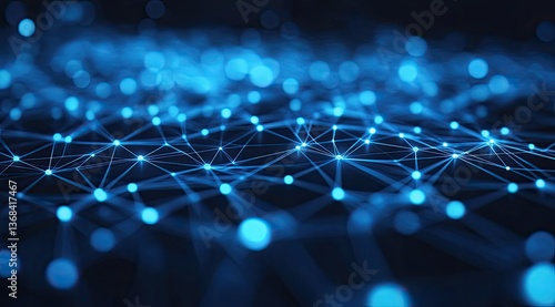 A vibrant network of interconnected lines and dots in shades of blue, resembling digital connections or data visualization.