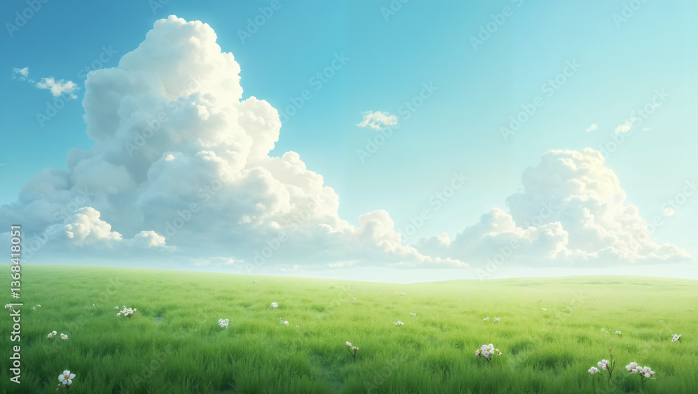 Blue sky, white clouds, green grass Blue sky, white clouds, green grass