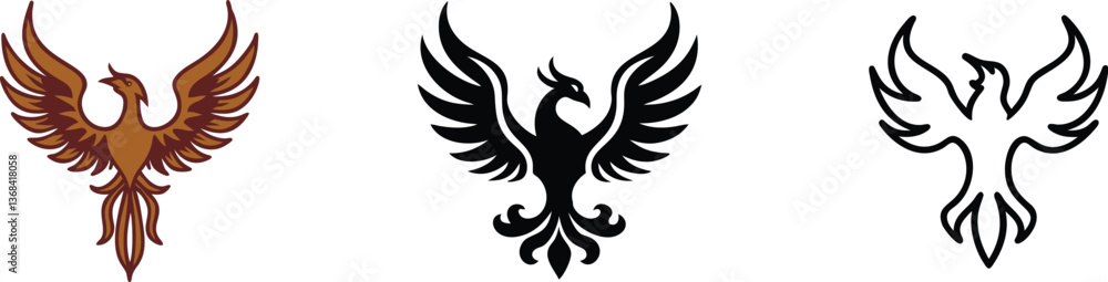 Fototapeta premium Phoenix Bird Designs Brown, Black, and Outline Styles