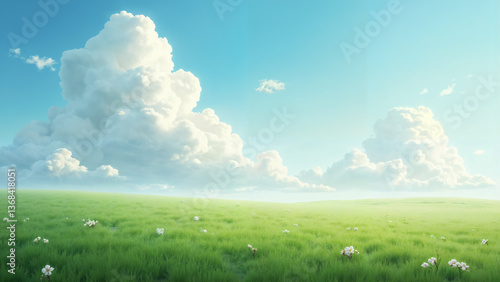 Blue sky, white clouds, green grass
