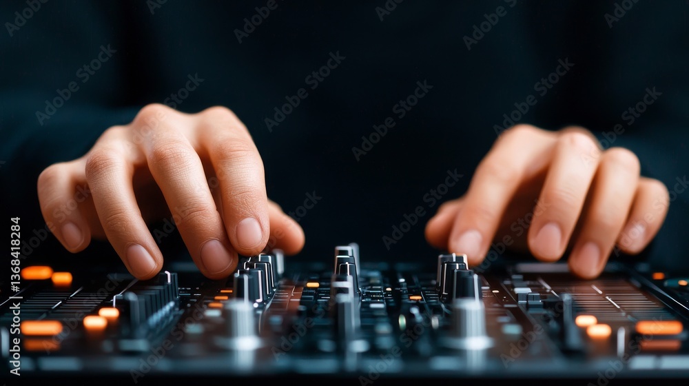 Close-up of DJ hands mixing on a professional audio mixer Close-up of DJ hands mixing on a professional audio mixer