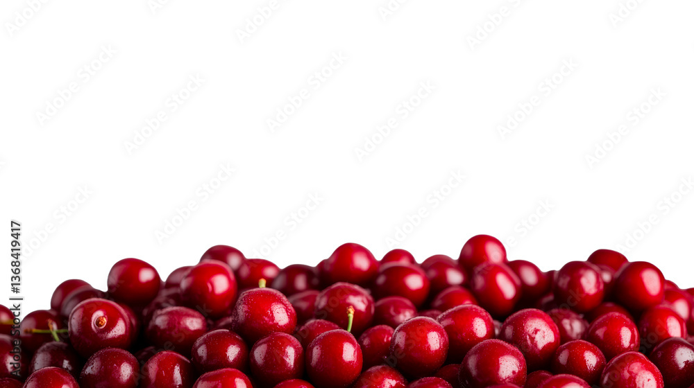 Pile of ripe, fresh red cherries with water drops, cut out transparent Pile of ripe, fresh red cherries with water drops, cut out transparent