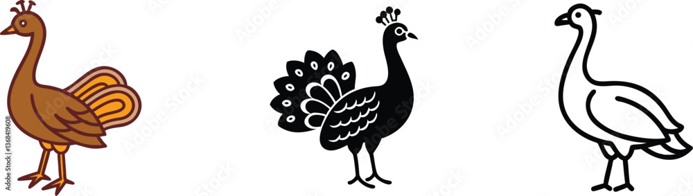 Fototapeta premium Peacock Illustrations Brown, Black, White Line Art Designs