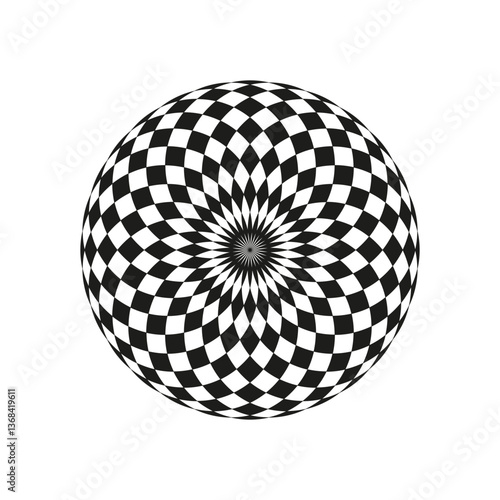 Psychedelic checkered circle. Op art sphere. Vector hypnotic pattern. Black white illusion.