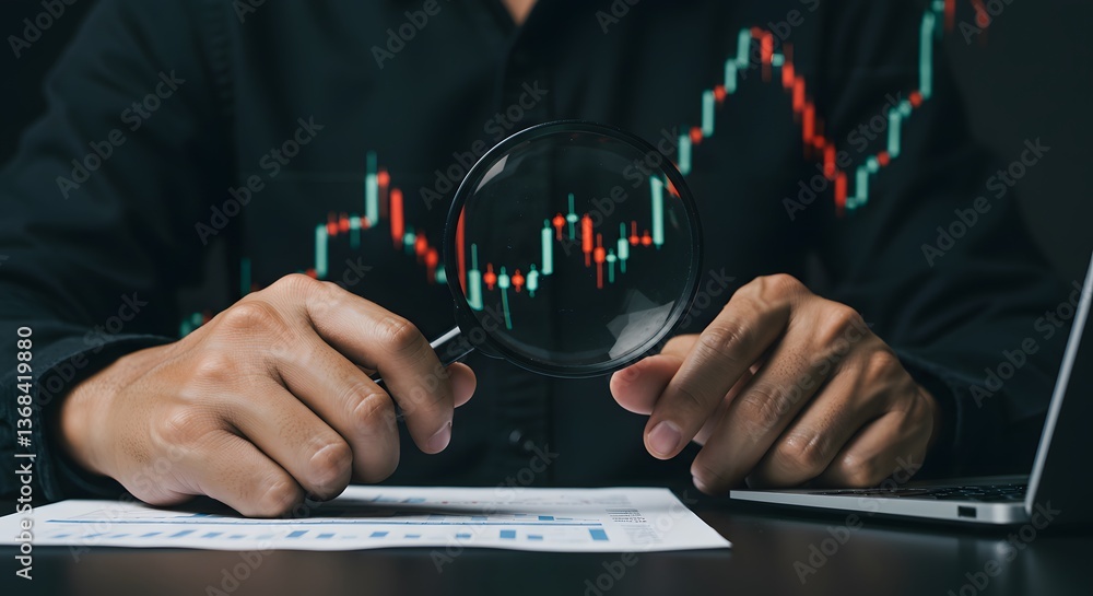 Naklejka premium A discerning investor meticulously examines fluctuating market trends through a magnifying glass, revealing the intricate details of financial growth and potential risk, with a dark, moody aesthetic.
